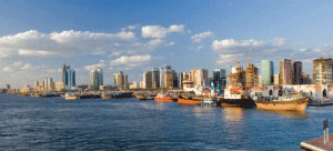 Ships in port along Dubai’s skyline